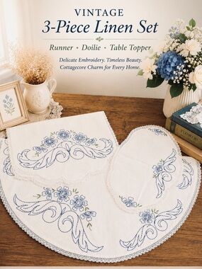 3 Piece Vintage Embroidered Table Linen Set. Runner | Doily | Table Topper.
